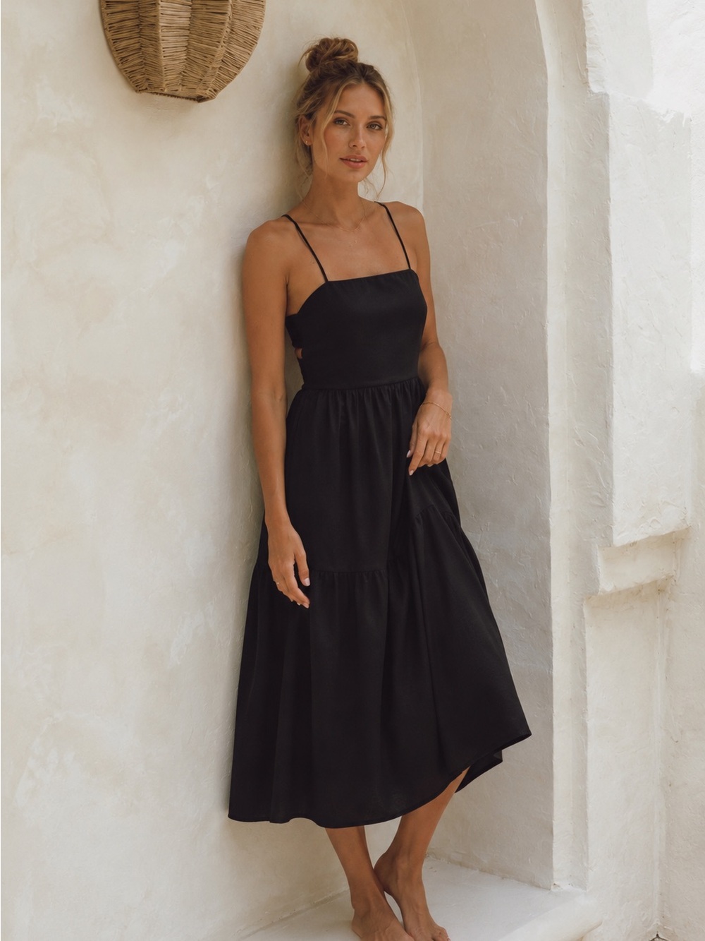 ROVE Joie Linen Quietluxury Black Spaghetti-Strap Midi Dress